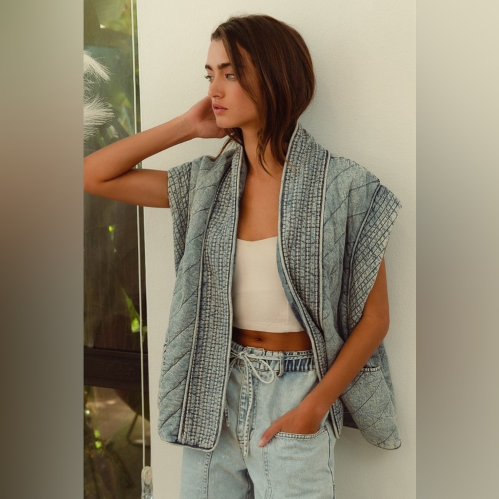 Green  wash vintage stitch mineral denim quilted vest boho bohemian jacket coat